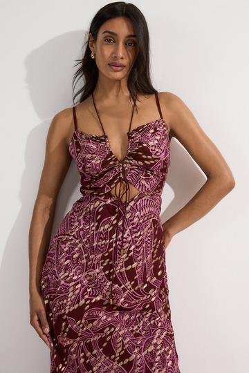 Viscose Sparkle Tie Detail Strappy Woven Maxi Dress burgundy