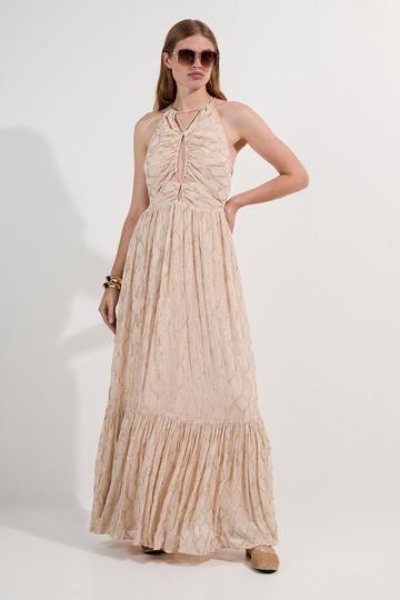 Viscose Metallic Georgette Halter Woven Maxi Dress nude