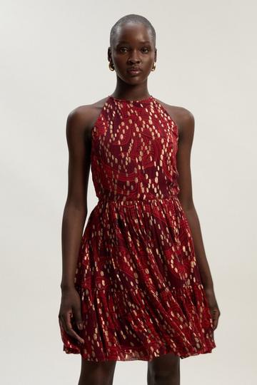 Printed Metallic Viscose Georgette Thread Halter Woven Mini Dress red