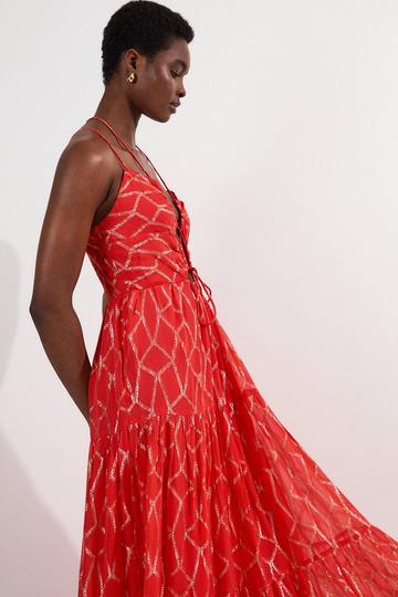 Viscose Sparkle Tie Detail Tiered Skirt Woven Maxi Dress orange