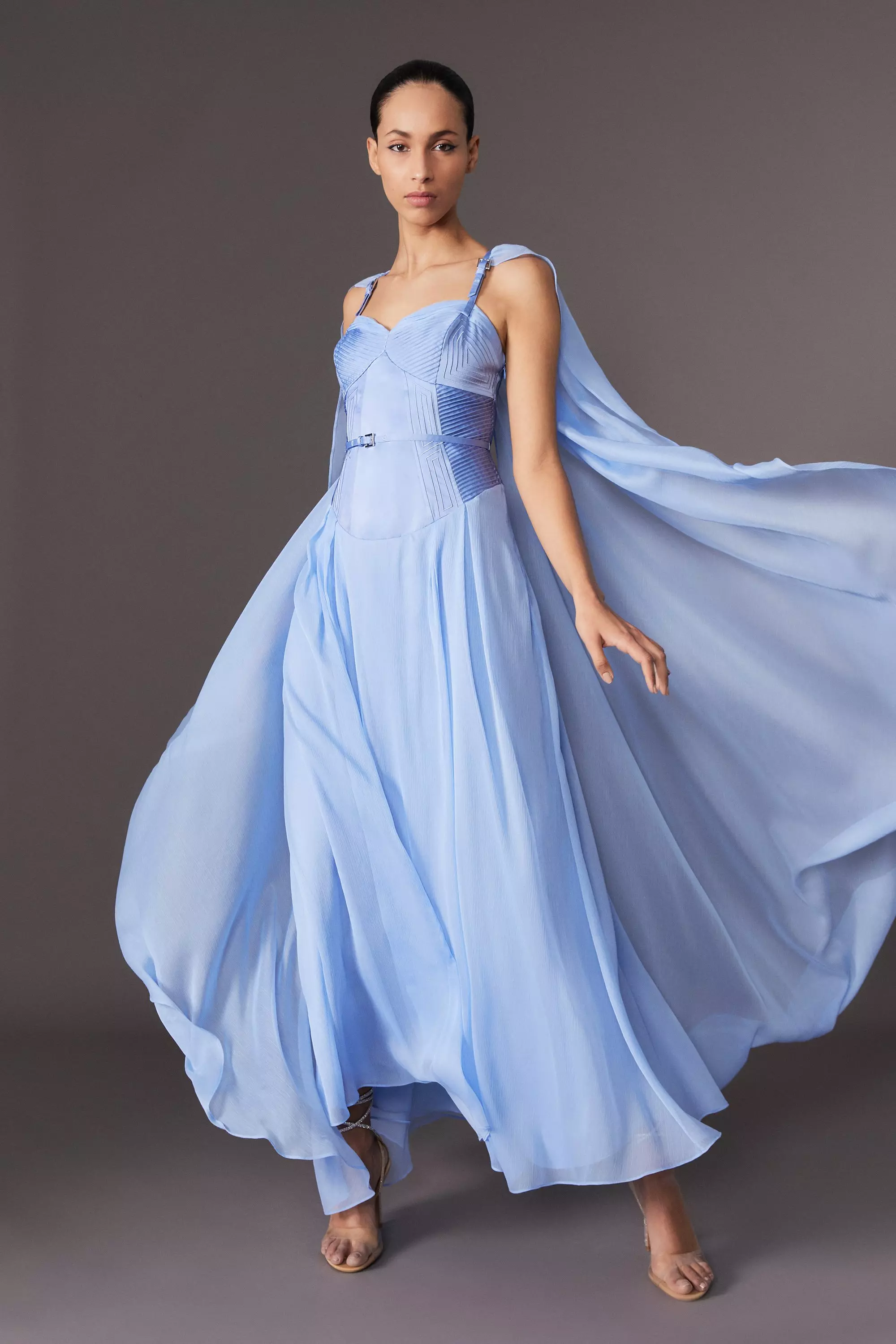 ENZO BLUES ♥ Over Check Maxi Dress / 追跡付 A-Line Sleeveless Dress in Pleated Chiffon