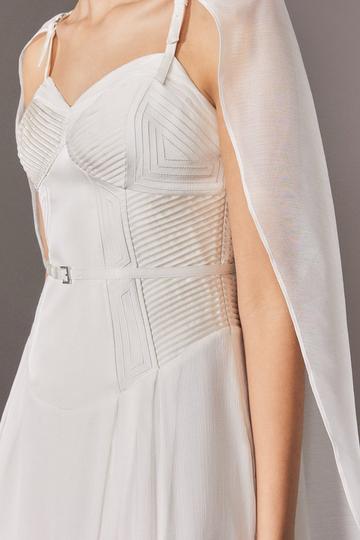 Archive Collection - Corset Detail Georgette Cape Woven Maxi Dress ivory