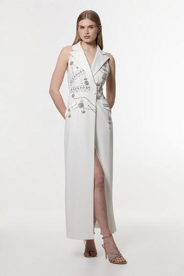 Petite Crystal Embellished Cady Sleeveless Blazer ivory