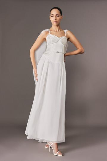 Archive Collection - Petite Corset Detail Georgette Cape Woven Maxi Dress ivory
