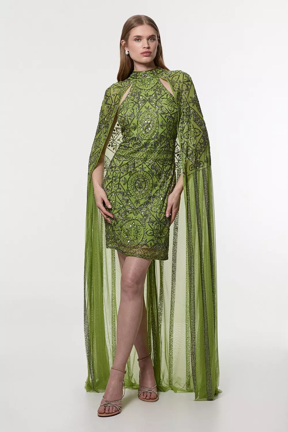 【KAREN MILLEN】プチ フリンジベルベットデボア ドレス 関税込 Petite Premium Beading And Embellished Cape Detail Woven