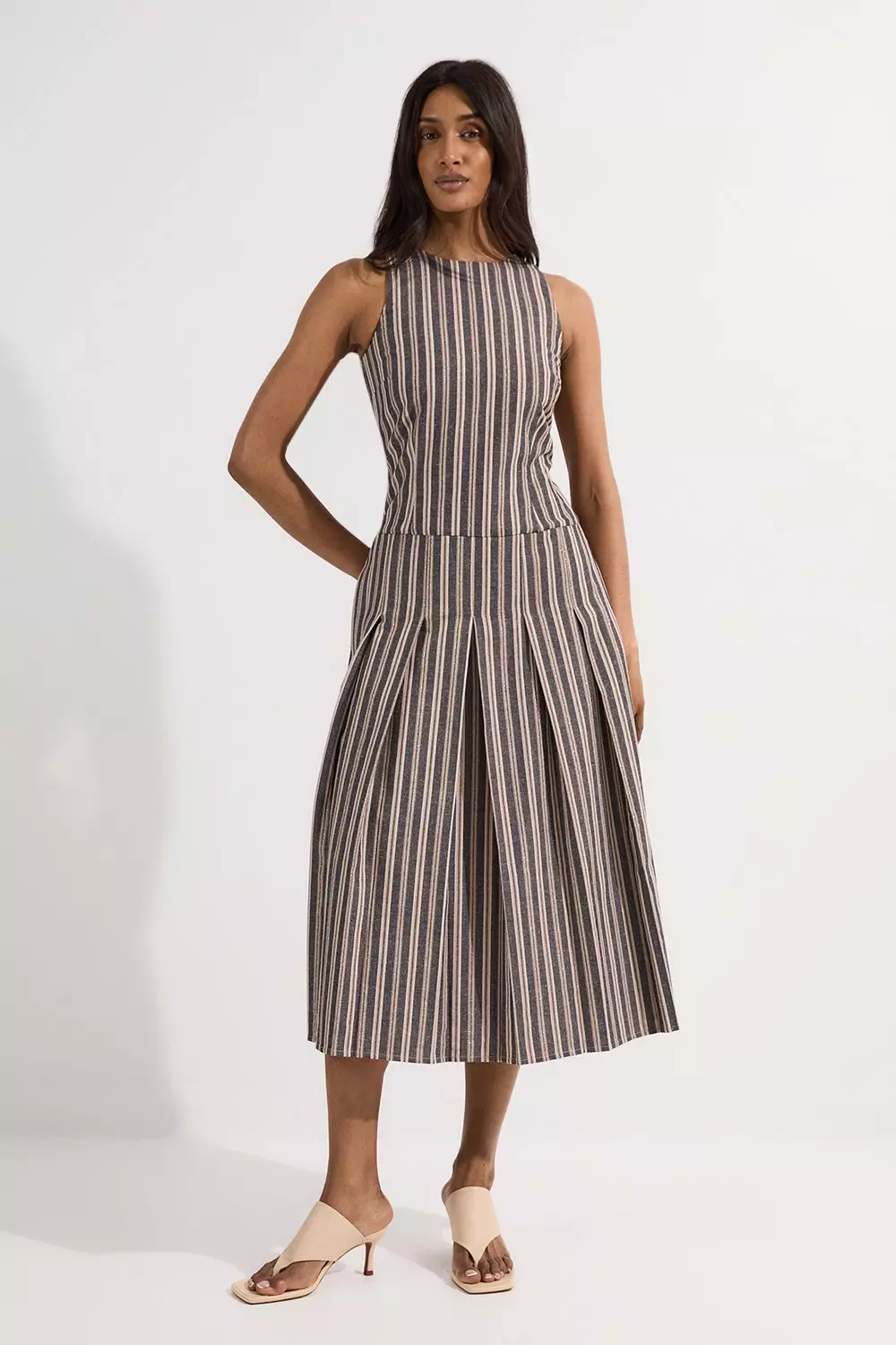 Black Tailored Stripe Linen  Sleeveless Full Skirt Midi Dress alternative image