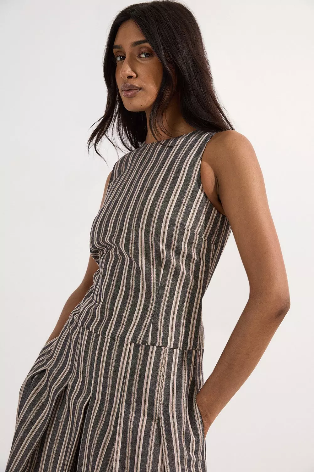 Black Tailored Stripe Linen  Sleeveless Full Skirt Midi Dress alternative image