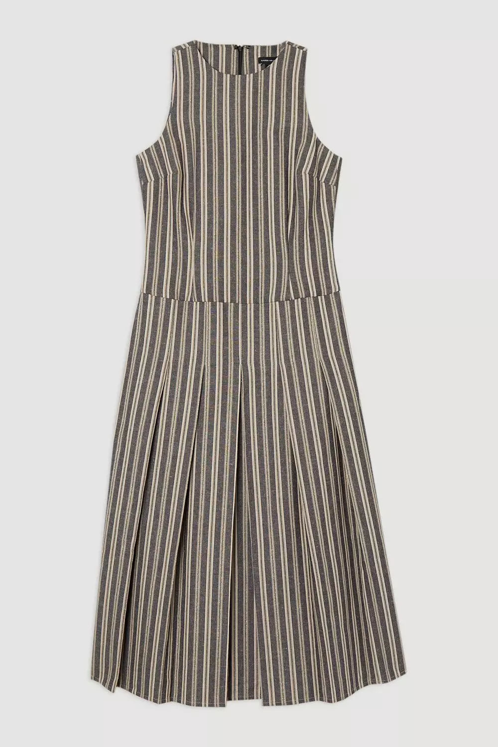 Black Tailored Stripe Linen  Sleeveless Full Skirt Midi Dress alternative image