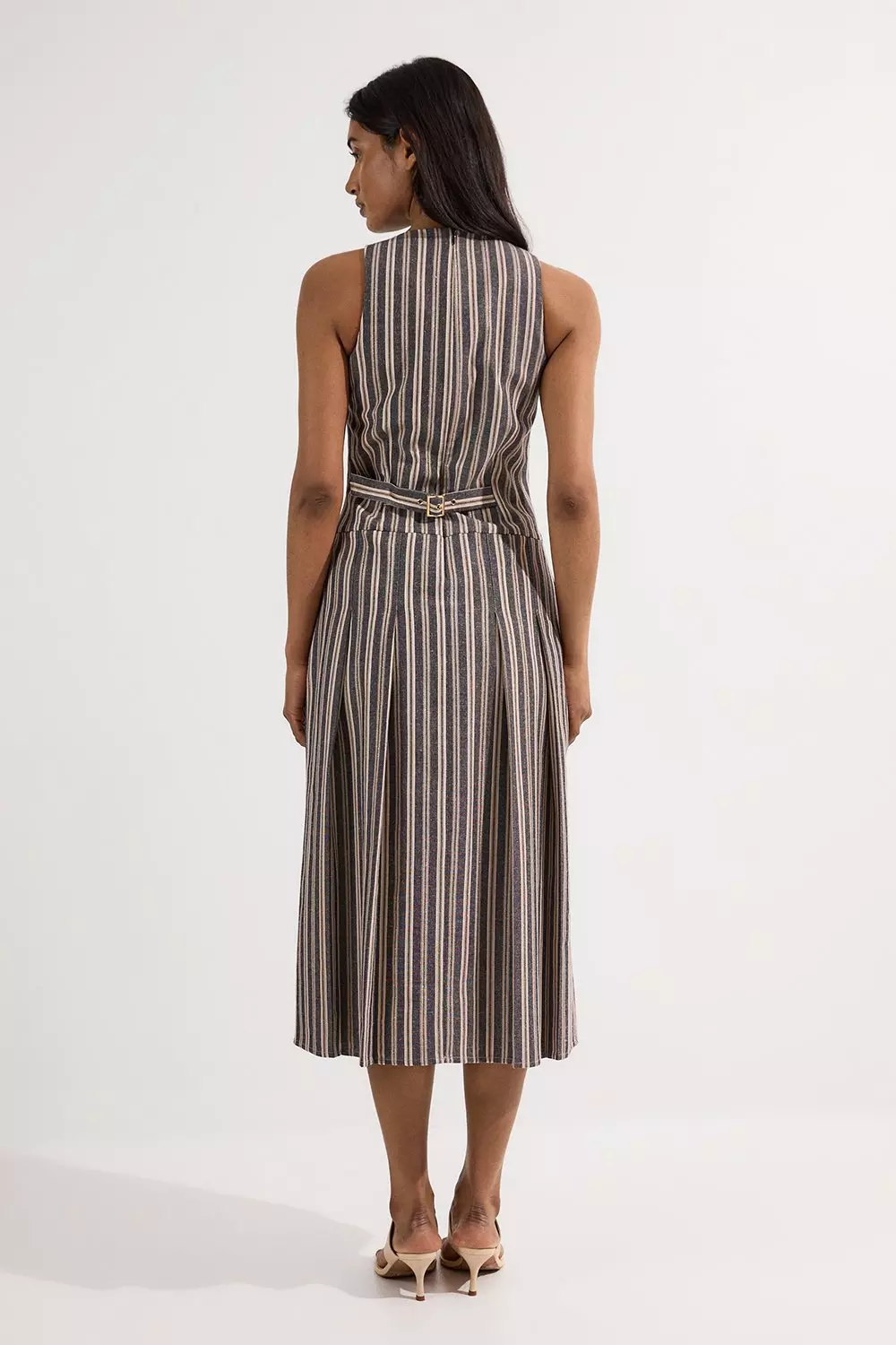 Black Tailored Stripe Linen  Sleeveless Full Skirt Midi Dress alternative image
