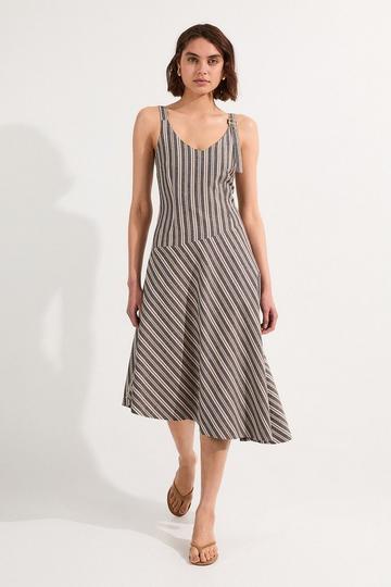 Tailored Stripe Linen Strappy Asymmetric Hem Midi Dress black