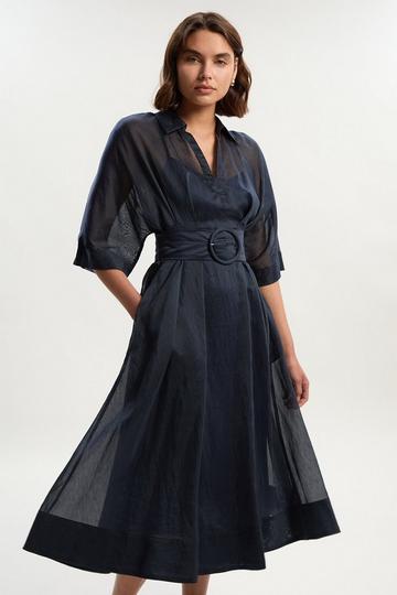 Organdie Plunge Collared Woven Maxi Dress navy