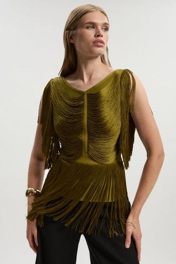 Draped Fringe Knitted Top olive