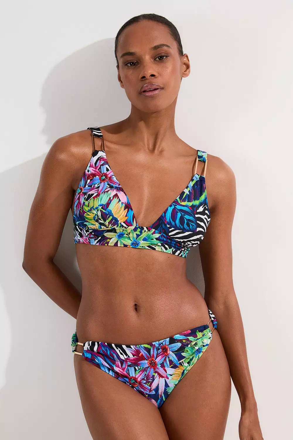 Multi Tropical Floral Plunge Bikini Top alternative image