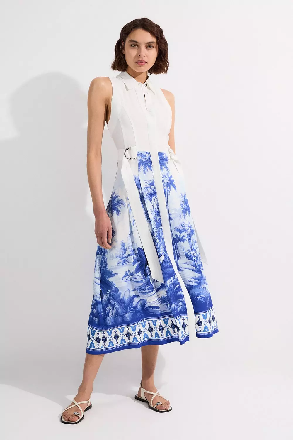 Tall Viscose Linen Scenic Print With Top Stitch Belted Woven