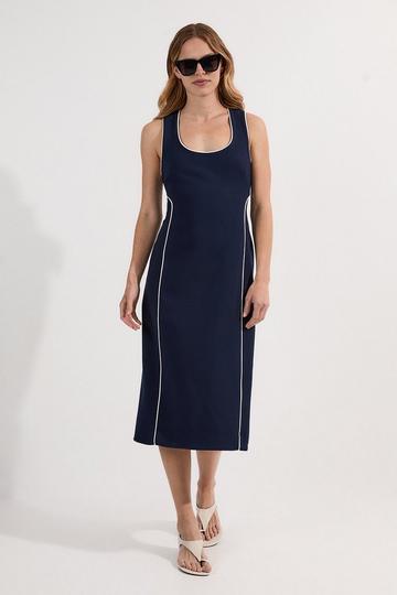 Compact Stretch Contrast Tipped Tailored Pencil Midi Dress navy