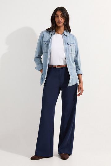 Navy Compact Stretch Pu Tipped Tailored Wide Leg Trouser