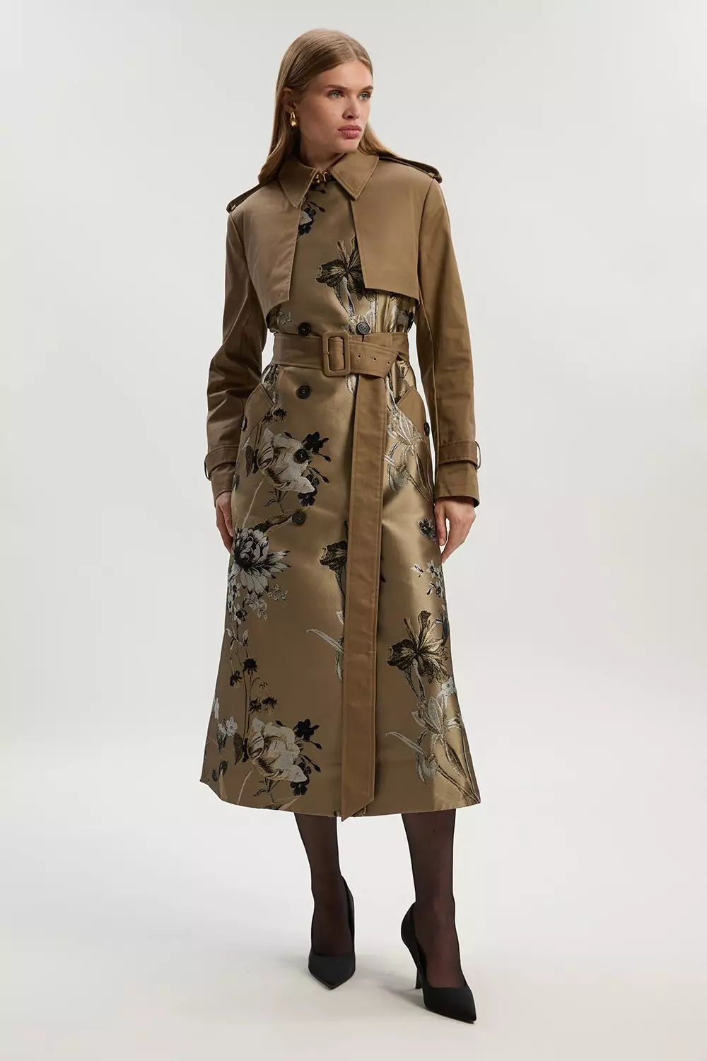 Tall Tailored Jacquard Mix Trench Midi Coat | Karen Millen