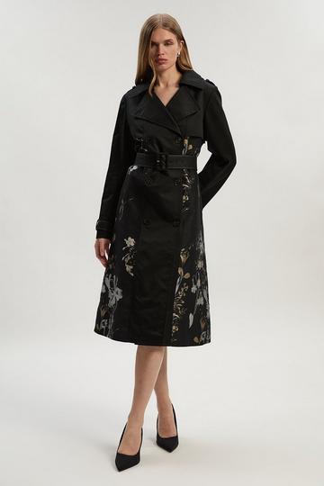 Black Printed Jacquard Padded Trench Mix Coat