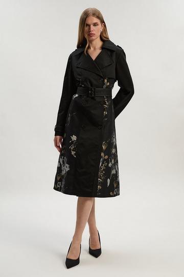 Black Petite Printed Jacquard Padded Trench Coat