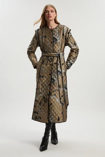 Petite Printed Jacquard Padded Collarless Full Midi Coat multi