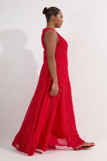 Plus Size Embellished Ruffle Keyhole Cutout Woven Maxi Dress fuchsia