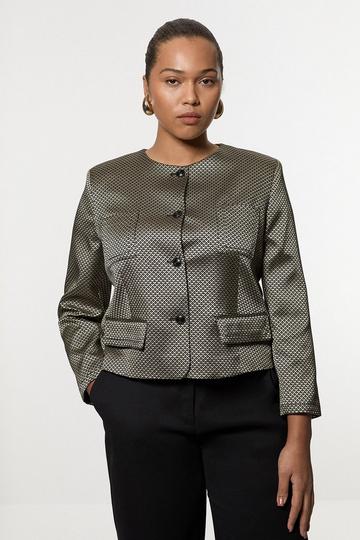 Plus Size Geometric Jacquard Tailored Jacket geo