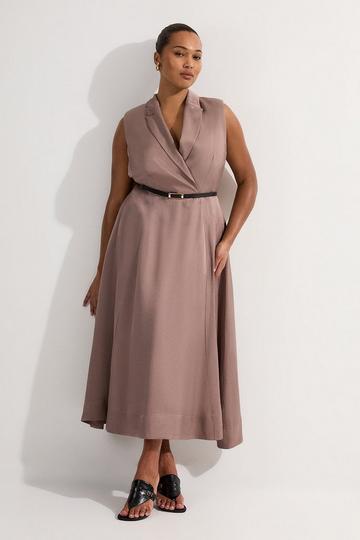 Plus Size Premium Viscose Linen Tailored Full Skirt Midi Dress taupe