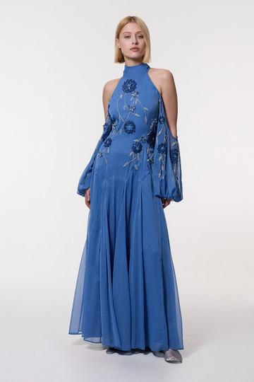 Cold Shoulder 3D Floral Applique Woven Maxi Dress blue