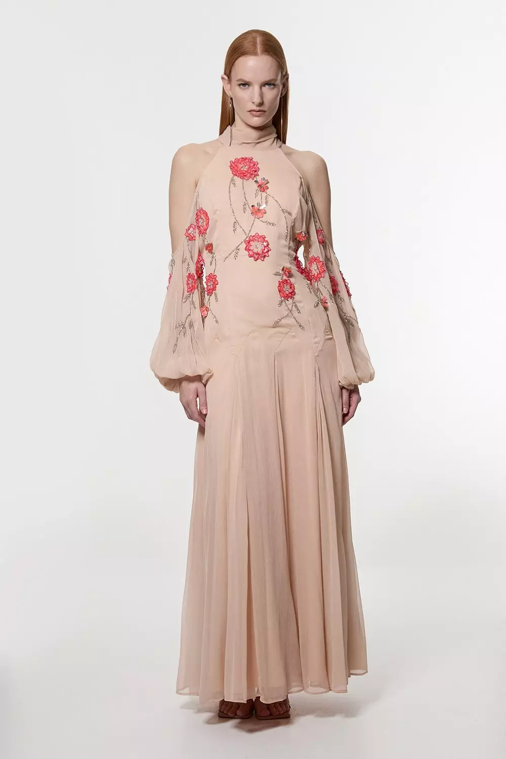 【Karen Millen】 ３D フラワーアップリケ マキシ ドレス Petite Cold Shoulder 3D Floral Applique Woven Maxi Dress