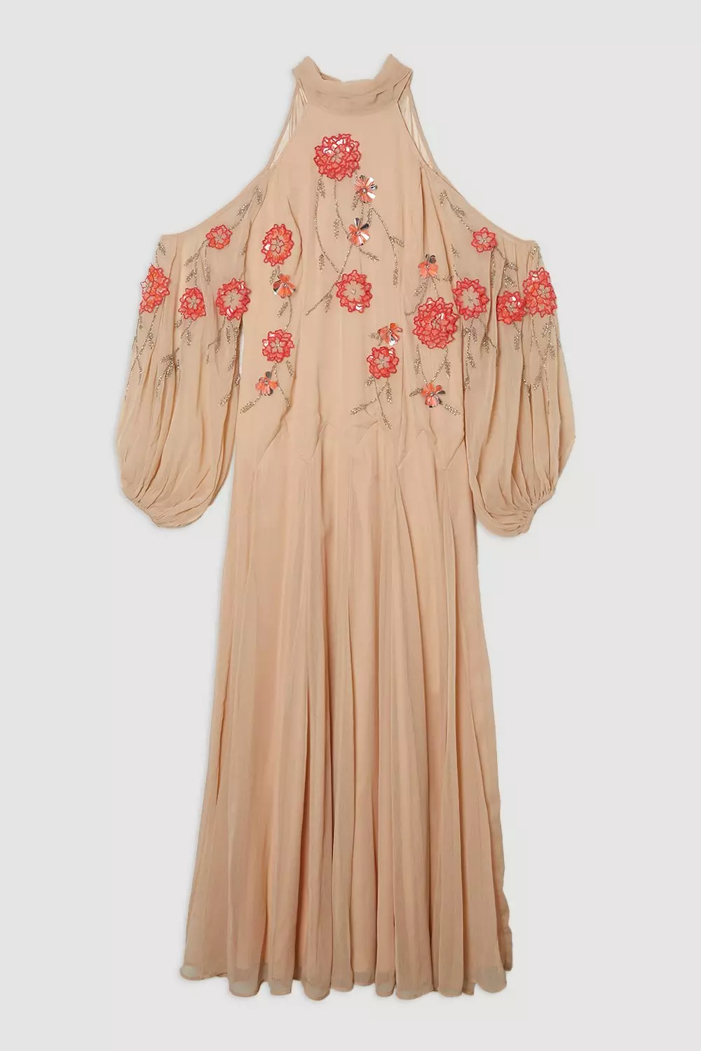 【Karen Millen】 ３D フラワーアップリケ マキシ ドレス Petite Cold Shoulder 3D Floral Applique Woven Maxi Dress