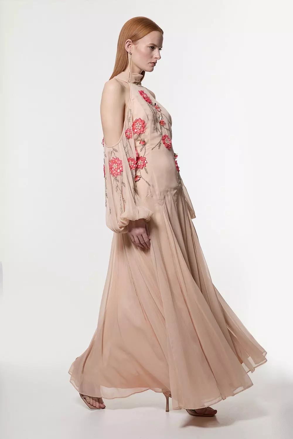 Petite Cold Shoulder 3D Floral Applique Woven Maxi Dress