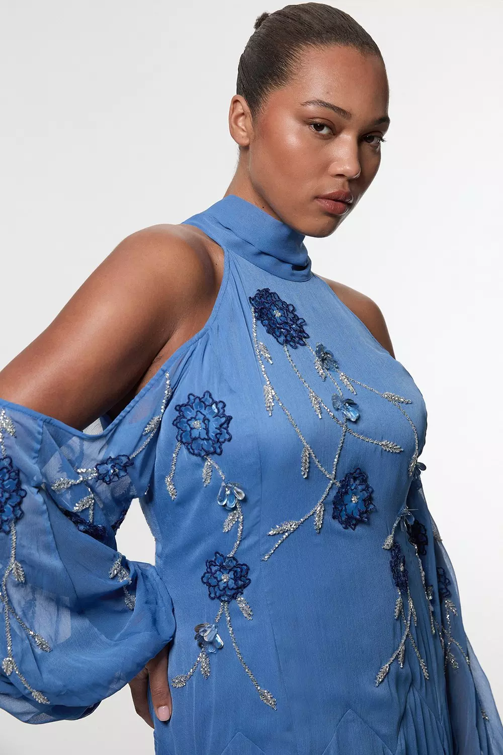 Plus Size Cold Shoulder 3D Floral Applique Woven Maxi Dress