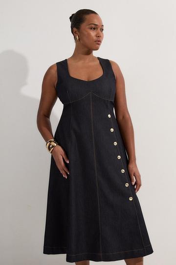 Plus Size Tailored Denim Sleeveless Full Skirted Midi Dress indigo