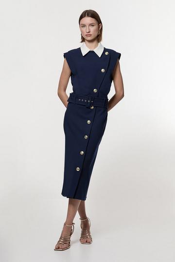 Compact Stretch Tailored Contrast Collar Pencil Midi Dress navy