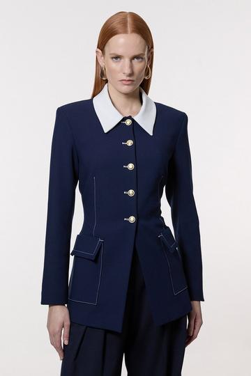 Navy Compact Stretch Tailored Contrast Collar Single Breasted Longline Jacket