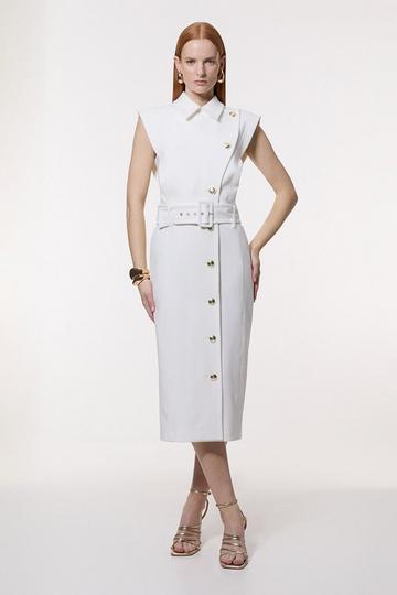 Clean Tailored Contrast Collar Pencil Midi Dress ivory