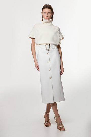 Clean Tailored Belted Pencil Midi Skirt ivory