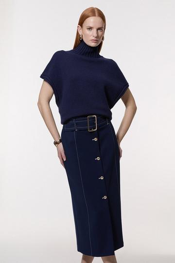 Compact Stretch Tailored Belted Pencil Midi Skirt navy