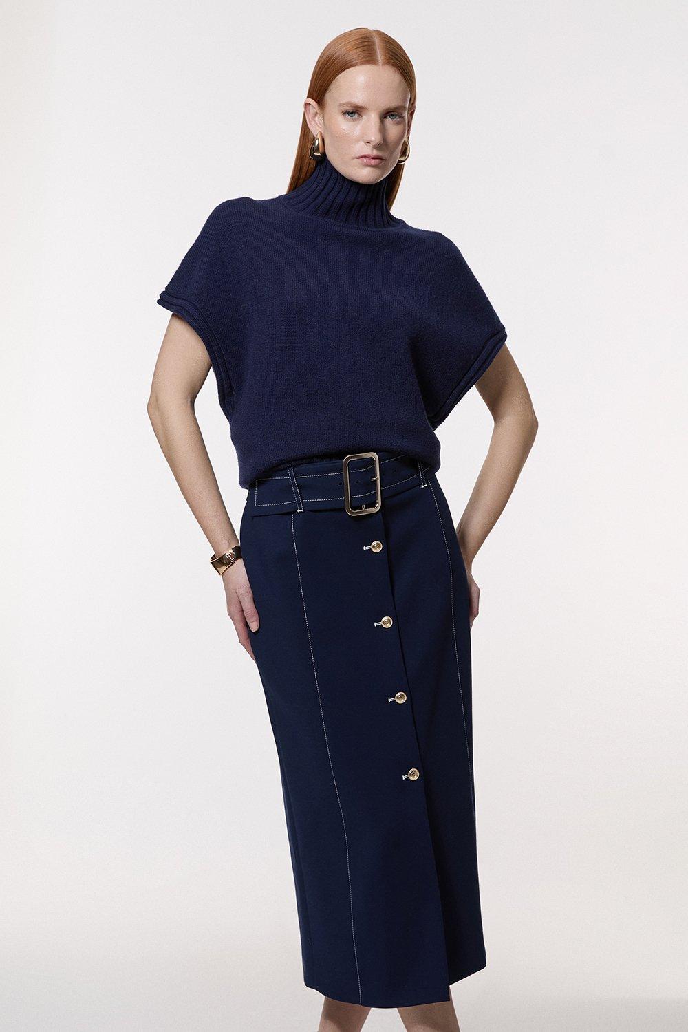 Compact Stretch Tailored Belted Pencil Midi Skirt | Karen Millen