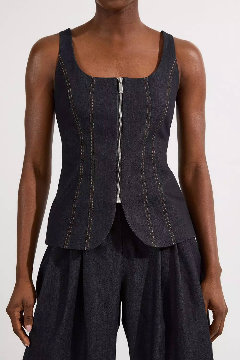Tailored Denim Peplum Wide Leg Jumpsuit | Karen Millen