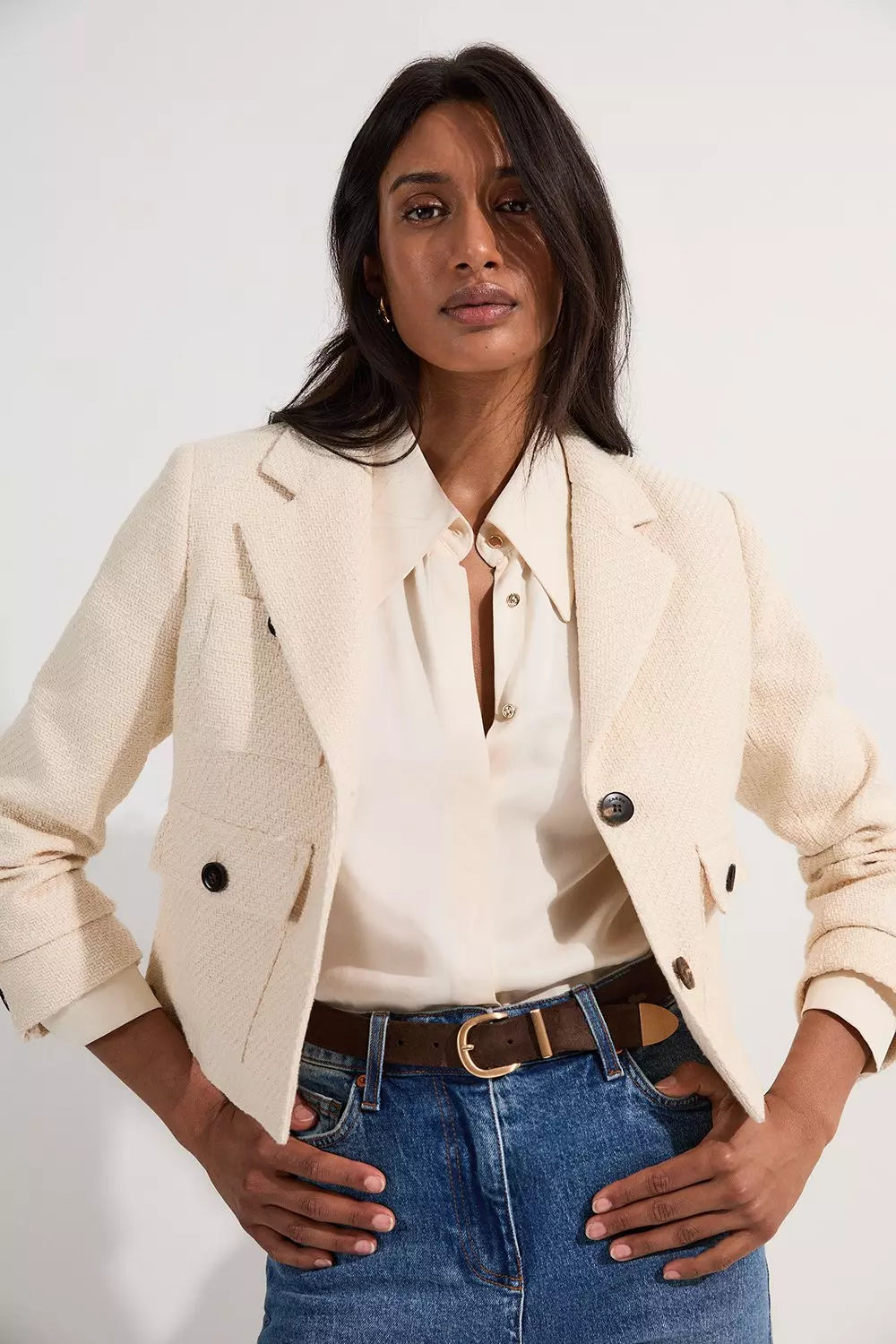KAREN MILLEN クロップド テーラード ジャケット ネクタイ付き Textured Tweed Cropped Tailored Jacket | Karen Millen