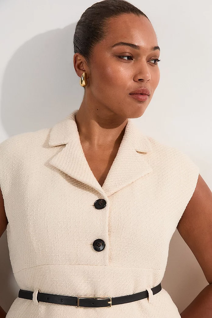 Plus Size Textured Tweed Belted Full Skirted Midi Dress Plus Size Textured Tweed Belted Full Skirted Midi Dress