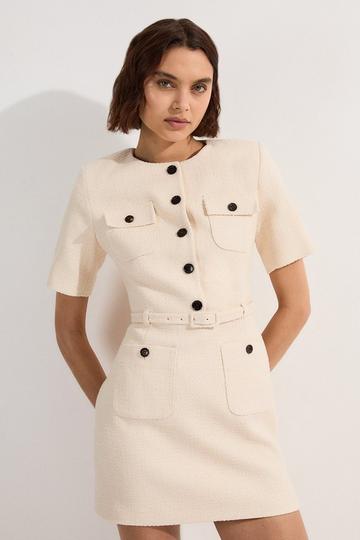 Textured Tweed Belted Tailored Mini Dress cream