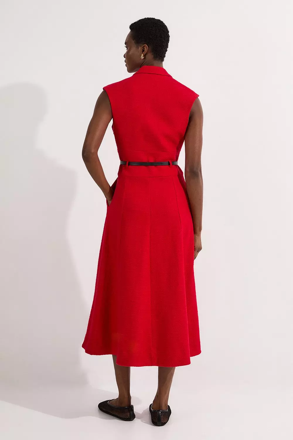 Petite Textured Tweed Belted Full Skirted Midi Dress | Karen