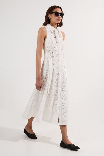 Cutwork Topstitch Halter Woven Midi Dress With Gold D Ring Detail white