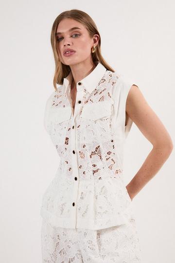 White Cutwork Topstitch Pintuck Woven Blouse