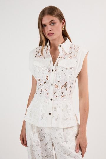 White Tall Cutwork Topstitch Pintuck Woven Blouse