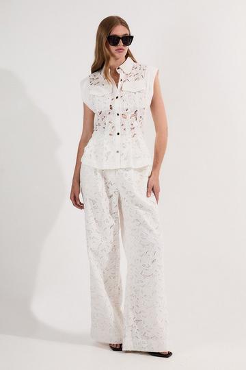 White Cutwork Woven Straight Leg Trouser