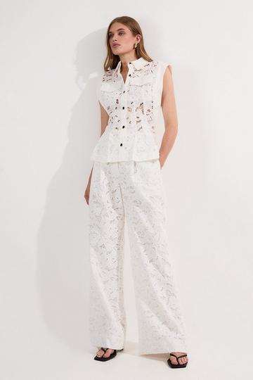 White Tall Cutwork Woven Straight Leg Trouser