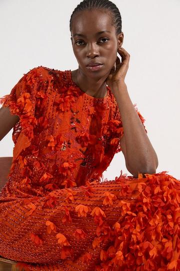 Orange Embroidery And Applique Angel Sleeve Woven Maxi Dress